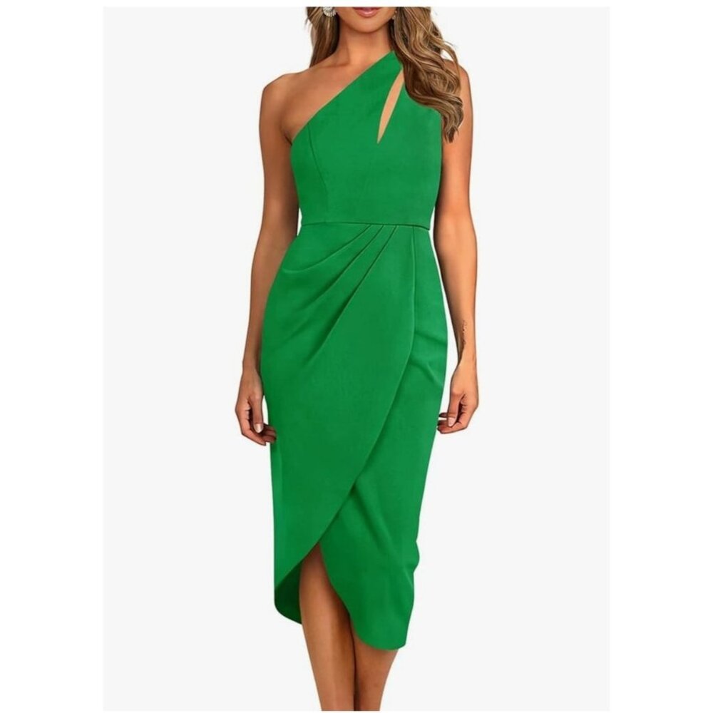 Elegant Green One-Shoulder Midi Dress Front Slit Womens Cocktail/Evening XXL